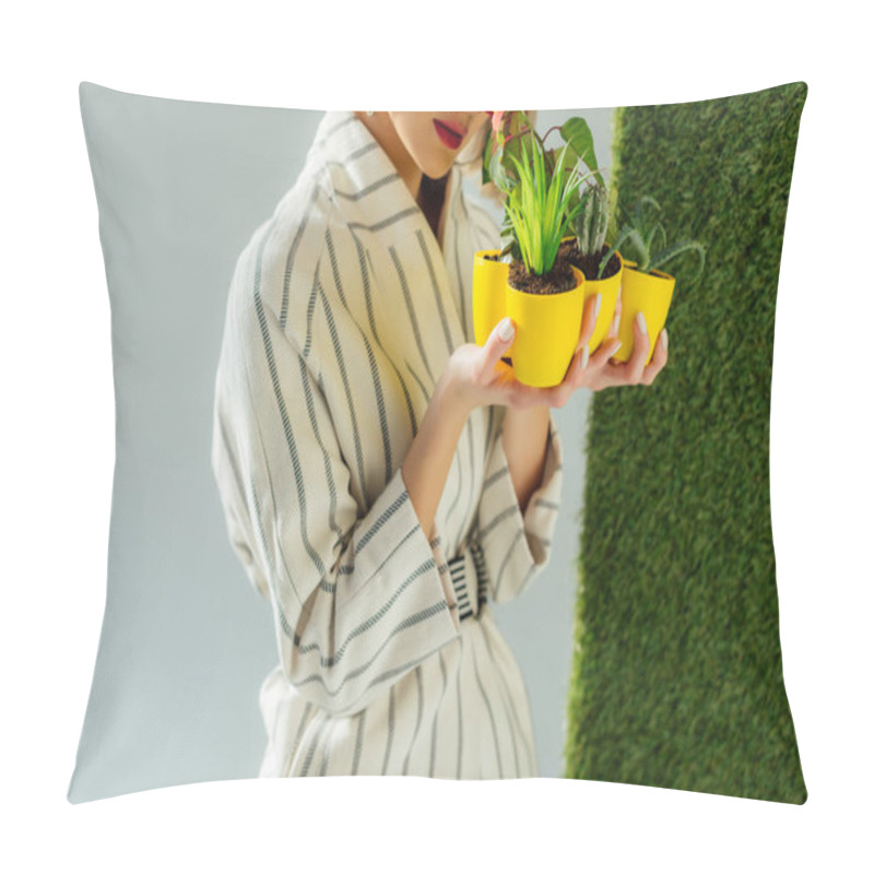 Personality  Cropped View Of Stylish Girl Holding Flower Pots On Grey With Green Grass  Pillow Covers