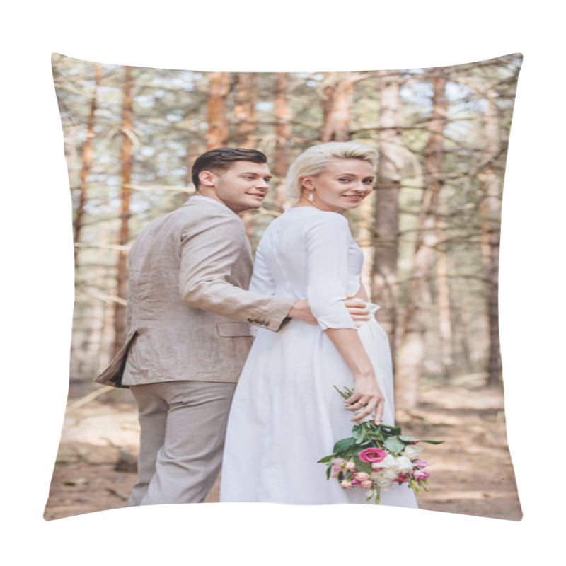 Personality  Smiling Bridegroom In Formal Wear Embracing Bride In Forest Pillow Covers