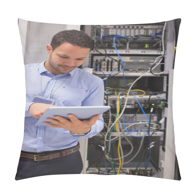 Personality  Man In Data Centre With Tablet Pc Pillow Covers