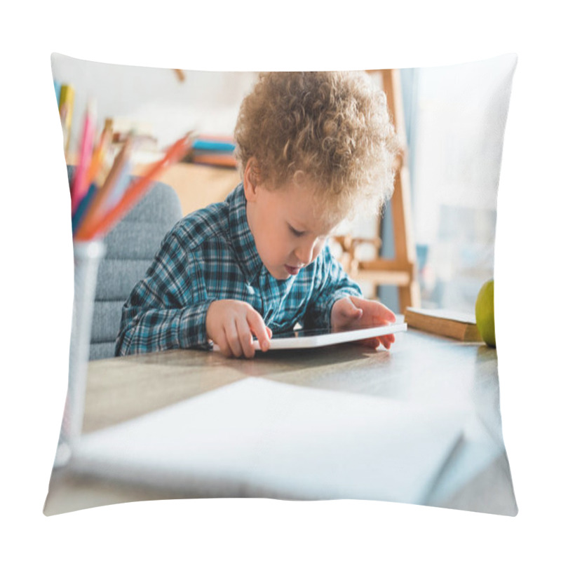 Personality  Selective Focus Of Adorable And Curly Kid Using Digital Tablet  Pillow Covers