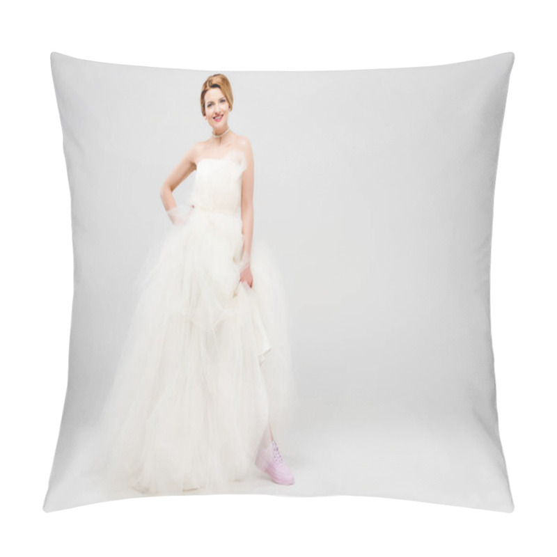 Personality  Smiling Bride In White Wedding Dress And Pink Sneakers, Isolated On Grey, Feminism Concept Pillow Covers