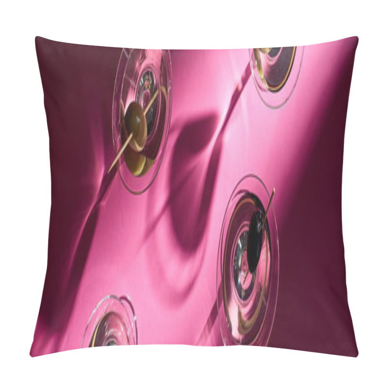 Personality  Top View Of Martini With Olives On Bright Pink Background, Panoramic Shot Pillow Covers