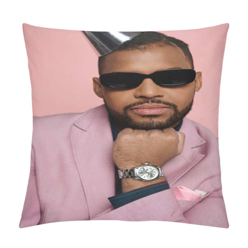 Personality  A Joyful Young African American Man In Braces, Wearing A Pink Suit And A Party Hat, Stands Against A Vibrant Pink Background. Pillow Covers