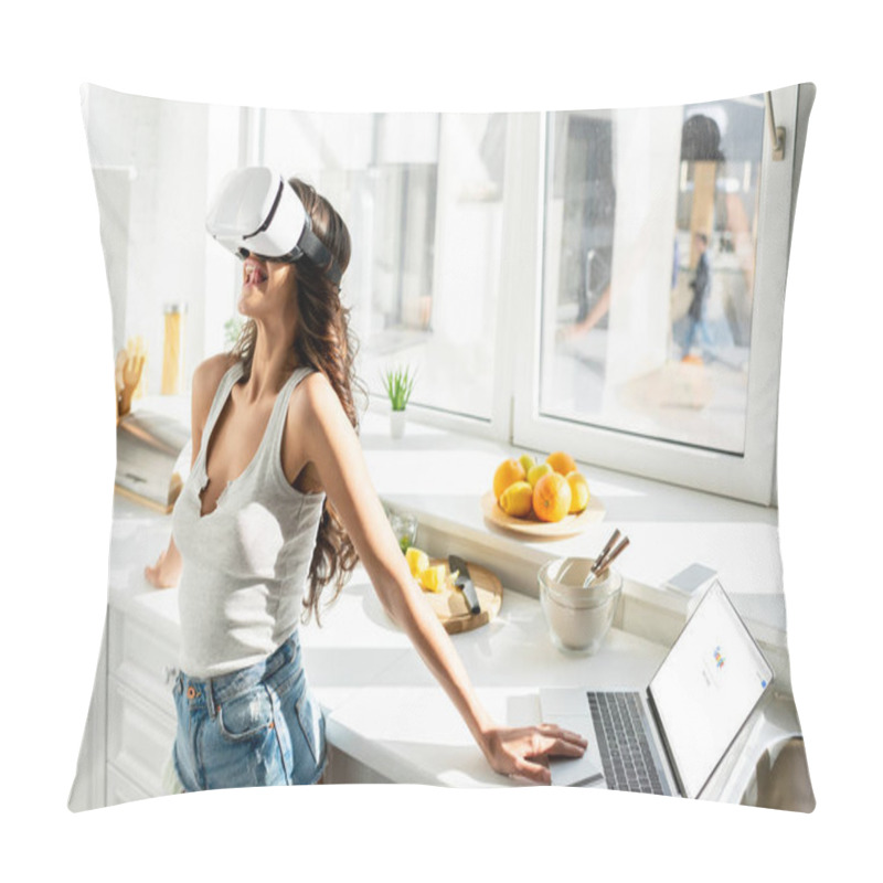 Personality  KYIV, UKRAINE - MARCH 13, 2020: Young Woman Using Vr Headset Near Laptop With Google Website And Credit Card In Kitchen  Pillow Covers