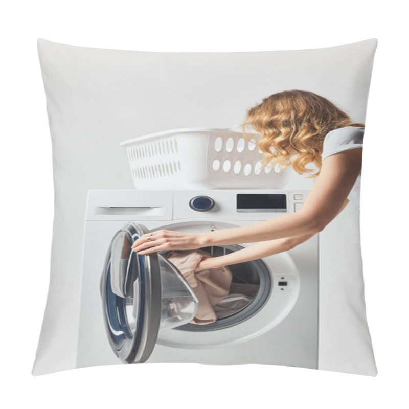 Personality  Partial View Of Curly Woman Putting Clothes In Washing Machine Isolated On Grey Pillow Covers