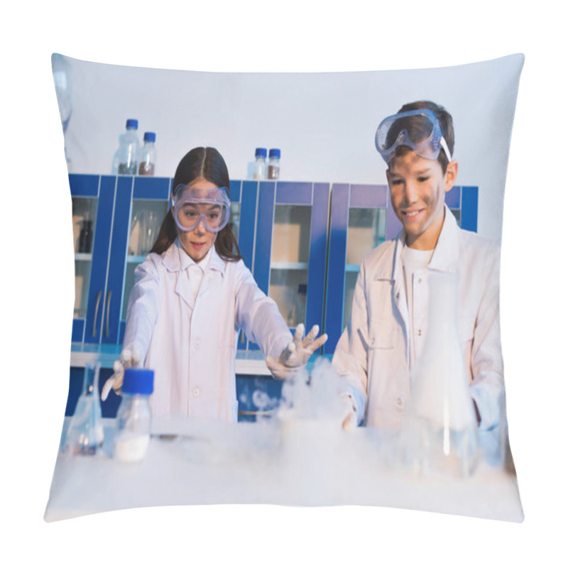 Personality  Girl In Goggles Standing With Outstretched Hands Near Steaming Flasks And Smiling Friend With Dirty Face Pillow Covers