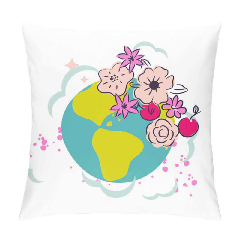 Personality  Cartoon Earth With Flower Crown Decor Clipart Vector. Pillow Covers