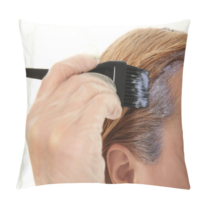 Personality  Young Woman Applying Dye On Hairs Indoors, Closeup Pillow Covers