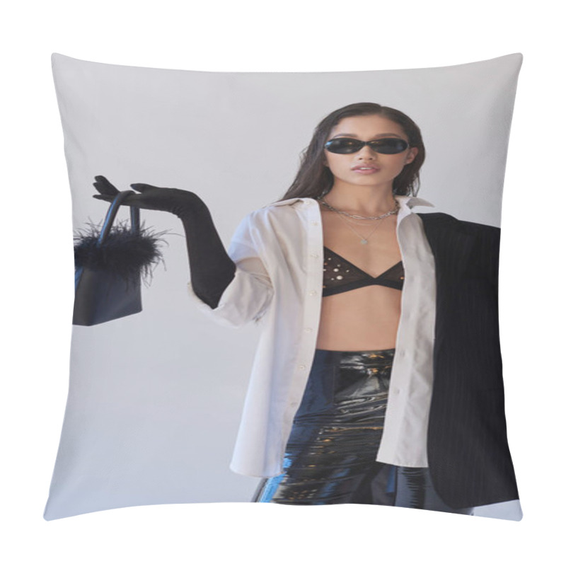 Personality  Edgy Style, Studio Photography, Young Asian Woman In Stylish Look And Sunglasses Posing With Feathered Handbag On Grey Background, Model In Blazer And Latex Shorts, Youthful Fashion  Pillow Covers