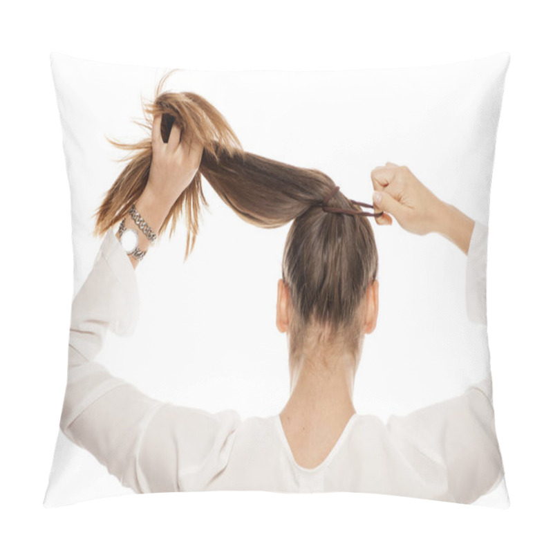 Personality  Back View Of A Young Woman Tying Her Hair In A Ponytail  Pillow Covers