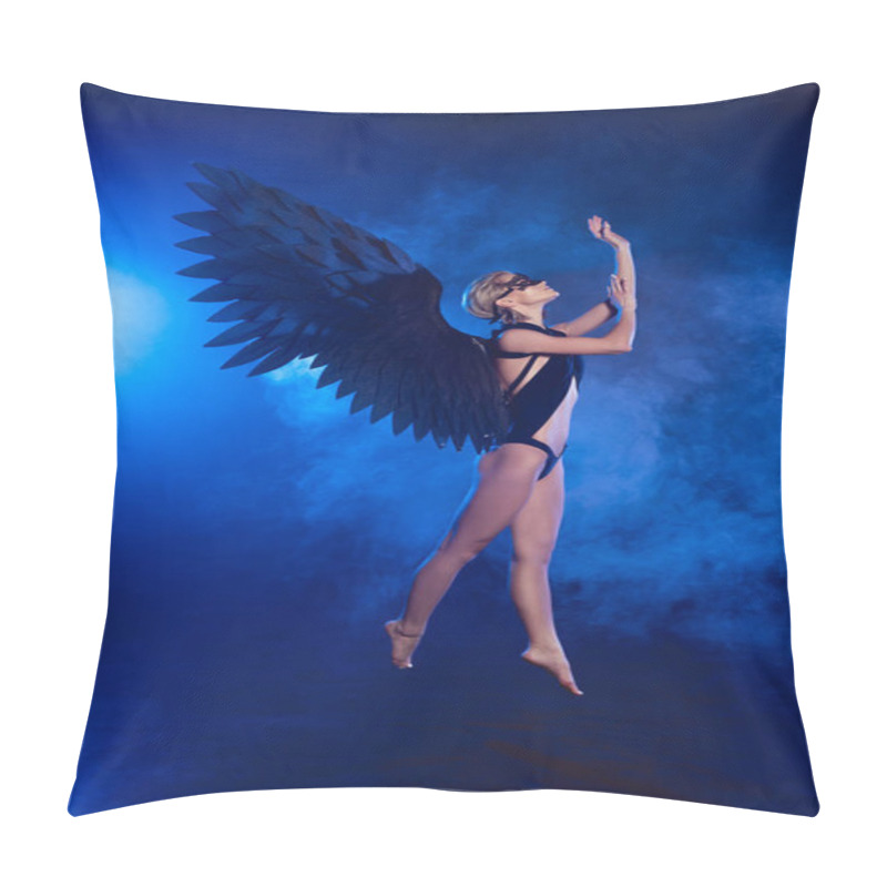 Personality  Beautiful Sexy Woman With Lace Mask And Black Angel Wings Jumping On Dark Blue Background Pillow Covers