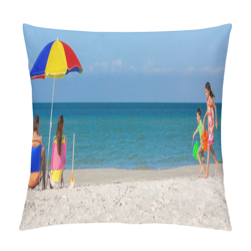 Personality  Panoramic Web Banner Rear View Of A Happy Family Of Mother & Father, Parents Daughter & Son Children Having Fun In Deckchairs Under An Umbrella On A Sunny Beach Pillow Covers