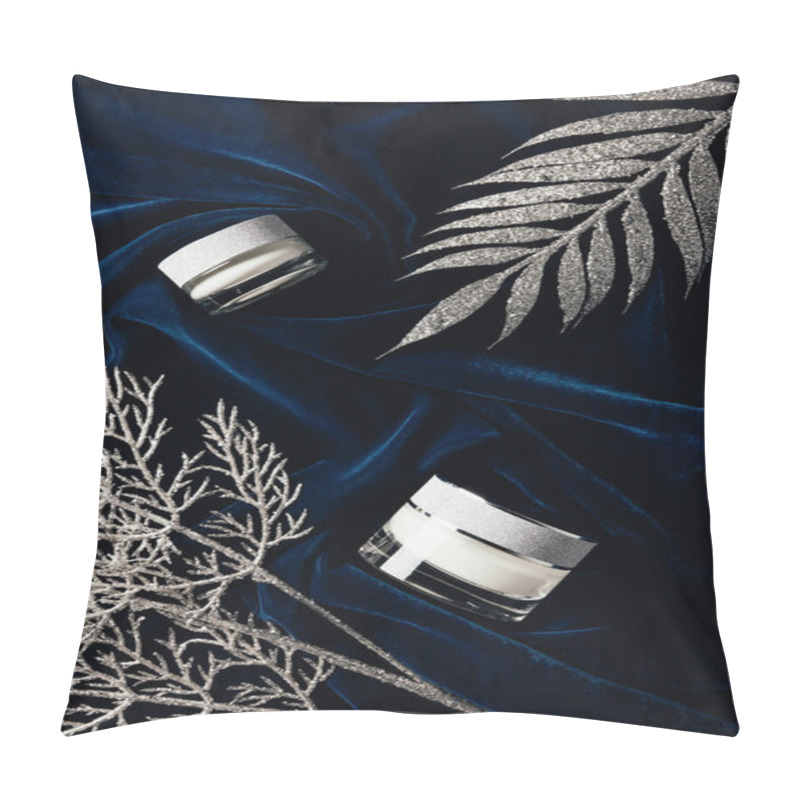 Personality  Top View Of Beauty Cream Between Silver Decorated Branches On Velvet Surface  Pillow Covers