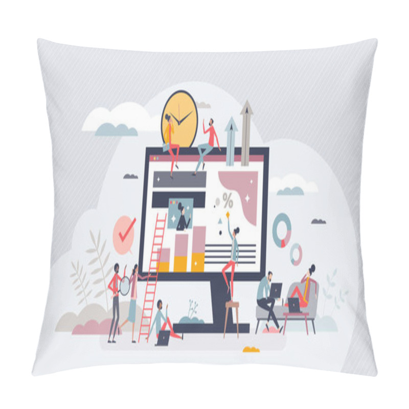 Personality  Hybrid Workforce With Distant Employees And Flexible Job Tiny Person Concept. Business Model With Outsourcing Colleagues For Remote Online Tasks Vector Illustration. Efficient Project Management. Pillow Covers