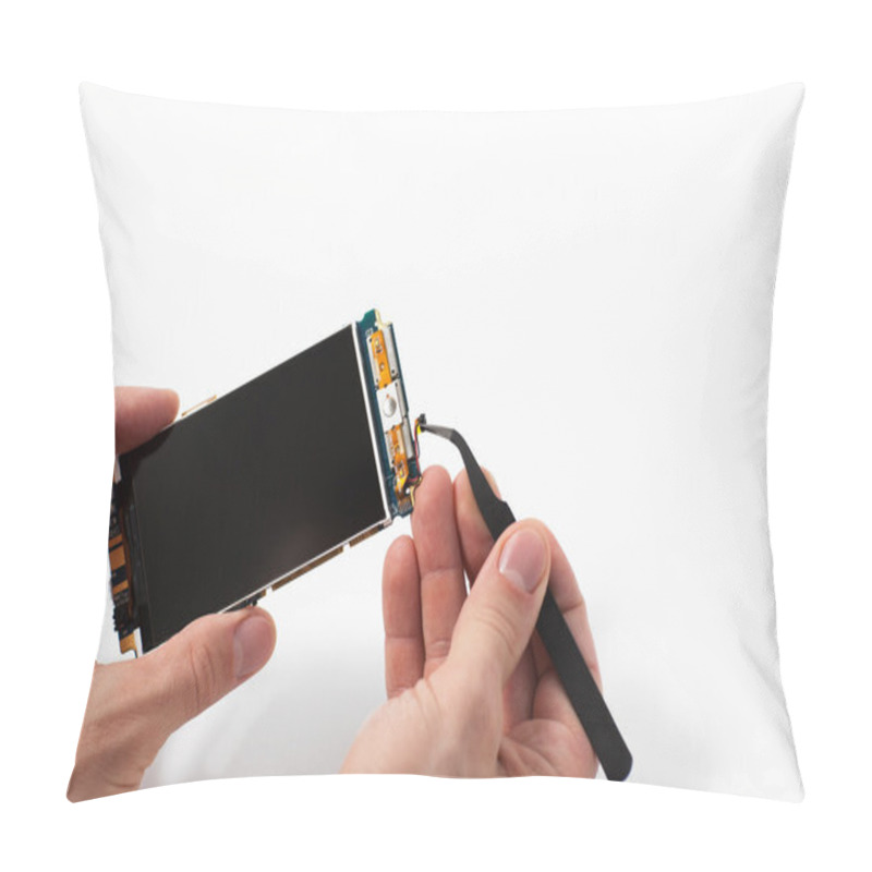 Personality  Repairman Disassembling Smartphone With Tweezers Pillow Covers