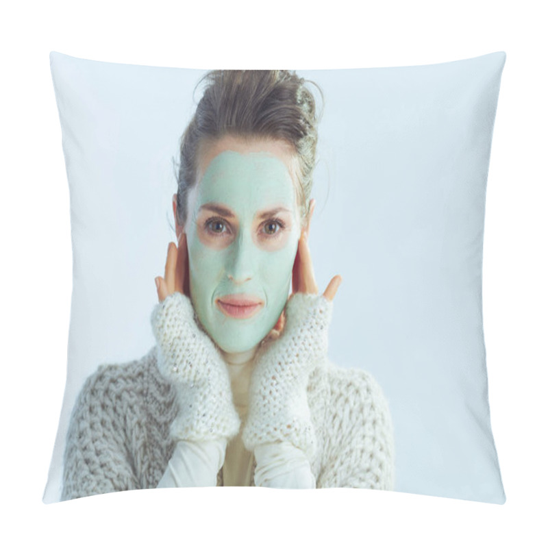 Personality  40 Years Old Housewife With Green Facial Mask Touching Face Pillow Covers