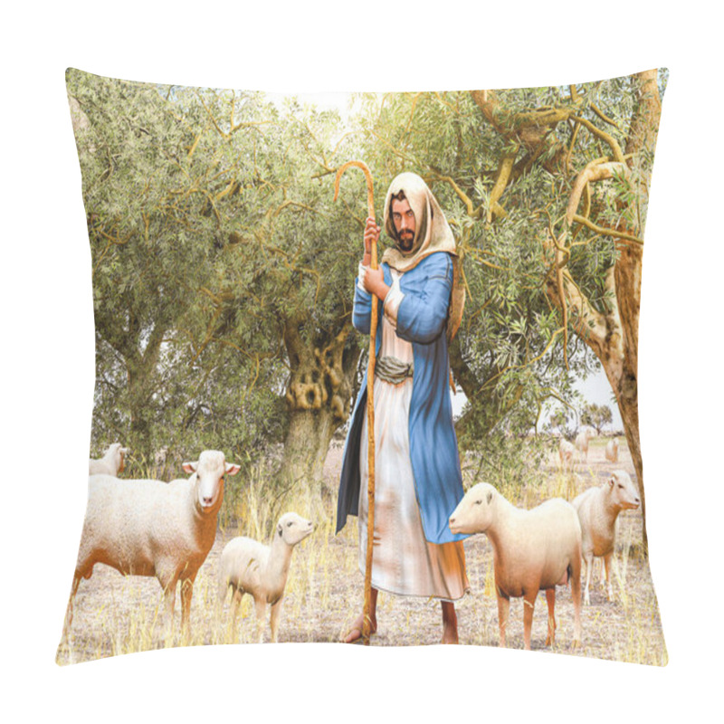 Personality  Bible Shepherd And His Flock Of Sheep In An Olive Grove, 3d Render Pillow Covers