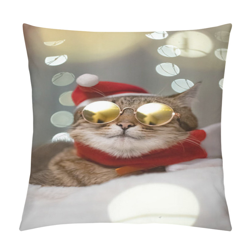 Personality  Domestic Medium Hair Cat In Christmas Costume Outfit Wearing Sunglasses Lying And Relaxing On Wool Carpet. Blurred Of Christmas Light On Background. Vertical Photo. High Quality Photo Pillow Covers