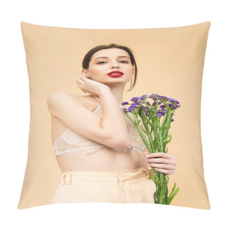 Personality  Young Pretty Woman Holding Limonium Flowers Isolated On Beige  Pillow Covers