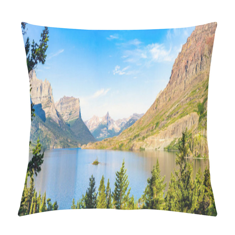 Personality  Sunrise Panorama Of St. Mary Lake And Wild Goose Island In Glacier National Park, Montana With Fusillade, Gunsight, Dusty Star, Little Chief And Mahtotopa Mountains In The Background. Pillow Covers