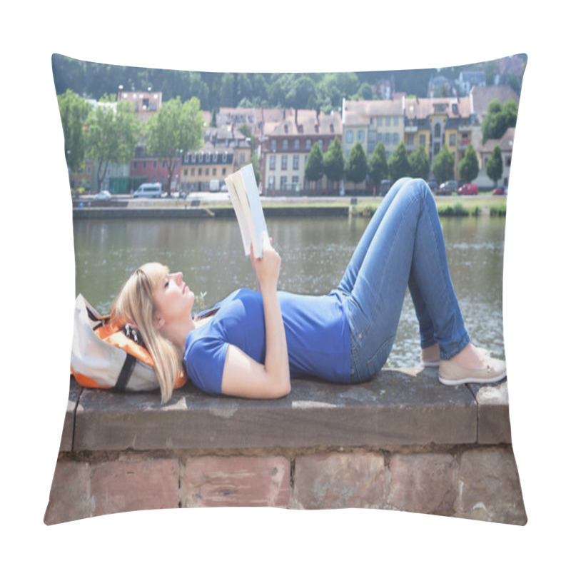 Personality  Woman With Blonde Hair Reading A Book On A River Pillow Covers