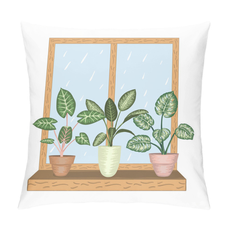 Personality  Window With Tropical Houseplants In Pots. Rainy Weather View Pillow Covers