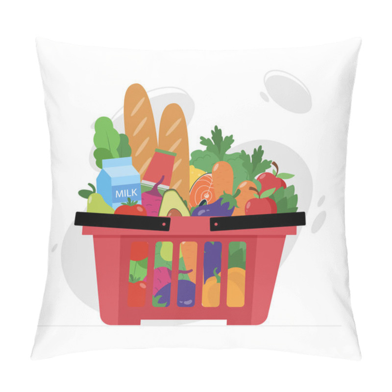 Personality  Red Shopping Basket With Fresh Foodstuffs. Organic Food And Drinks Purchases In Grocery Supermarket From Local Producers. Vector Illustration In Flat Style. Healthy Organic Foods Delivery Concept. Pillow Covers