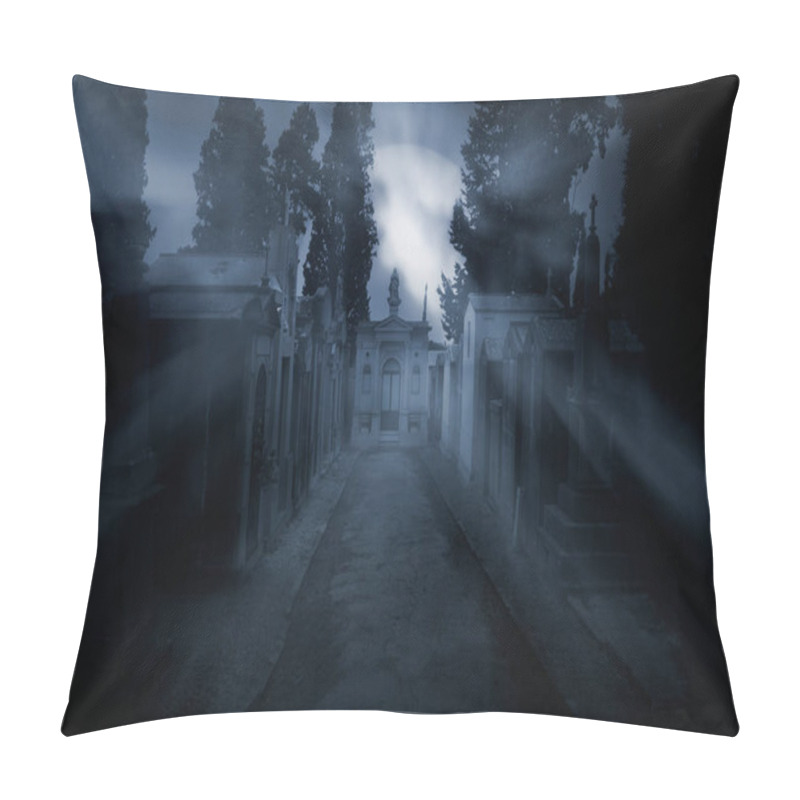 Personality  Street Of An Old European Cemetery In A Foggy Full Moon Night Pillow Covers