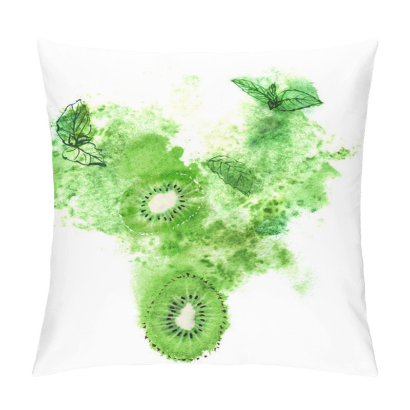 Personality  Juicy Kiwi, Fresh Mint And Green Splash On White Background. Hand-painted Watercolor Illustration Pillow Covers