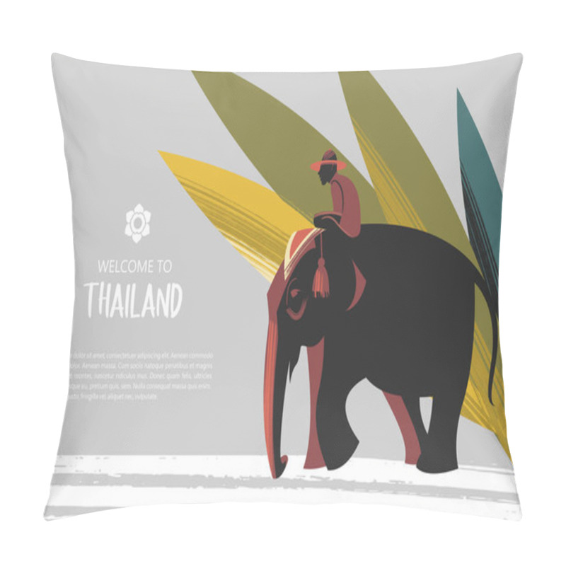 Personality  Welcome To Thailand. Travel Agency Advertising Flyer Template. Elephant With Rider On The Background Of Exotic Palm Leaves. Pillow Covers