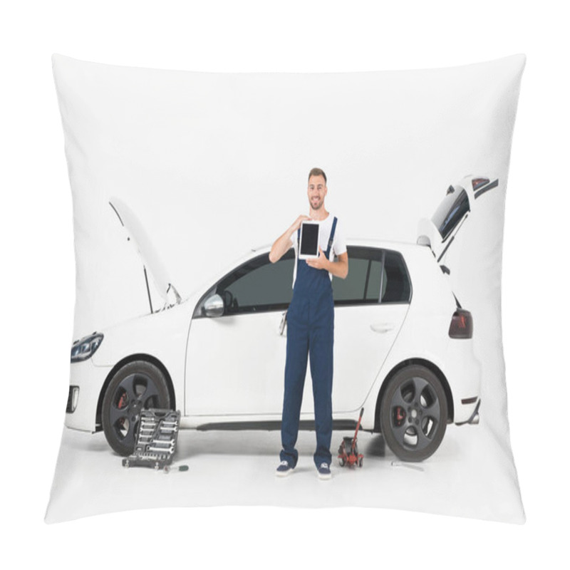 Personality  Smiling Auto Mechanic Showing Tablet With Blank Screen Near Broken Car On White Pillow Covers