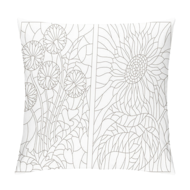 Personality  Set Contour Illustrations In The Stained Glass Style, Abstract Flowers Of Blowball And Sunflower, Dark Outline On A White Background Pillow Covers