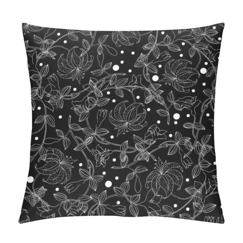 Personality  Hand Drawn Line Art Lily Flowers Leaves Black And White Seamless Pattern. Ornamental Black Vector Floral Background With White Lines Lilies Flowers , Leaves, Polka Dots. Elegance Ornate Ornaments. Pillow Covers