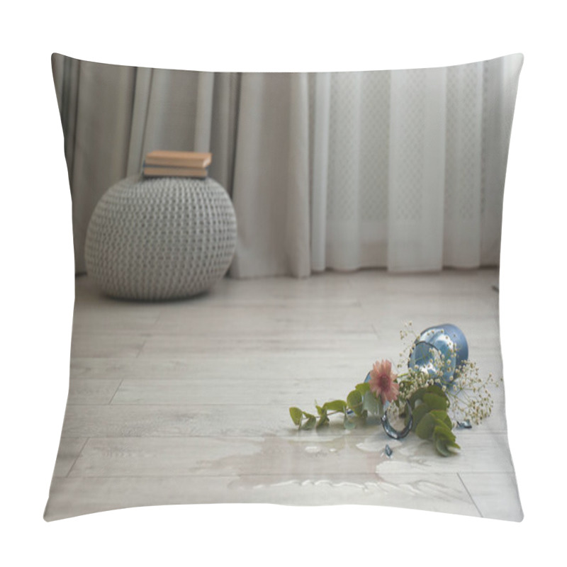 Personality  Broken Blue Glass Vase And Bouquet On Floor In Room. Space For Text Pillow Covers