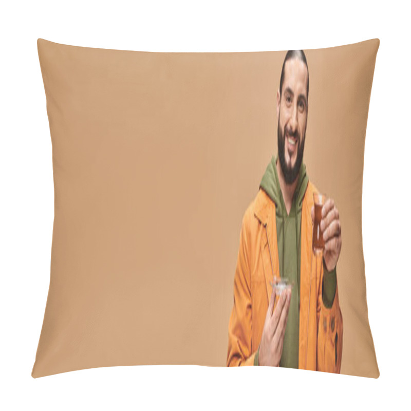 Personality  Happy Bearded Man In Casual Attire Holding Turkish Tea In Traditional Glass Cup On Beige, Banner Pillow Covers