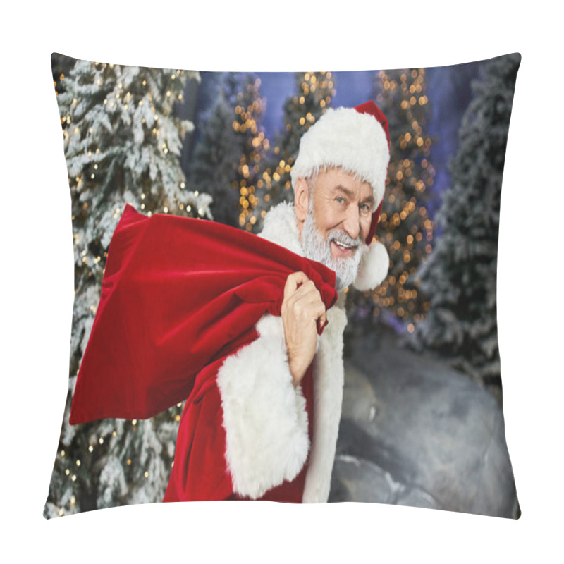 Personality  A Cheerful Santa Claus Smiles While Holding A Red Sack In A Festive Winter Landscape. Pillow Covers