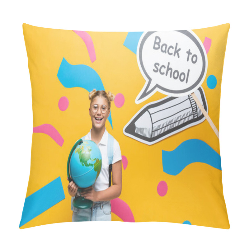 Personality  Schoolchild With Globe Looking At Camera Near Paper Art With Back To School Lettering On Yellow Background Pillow Covers