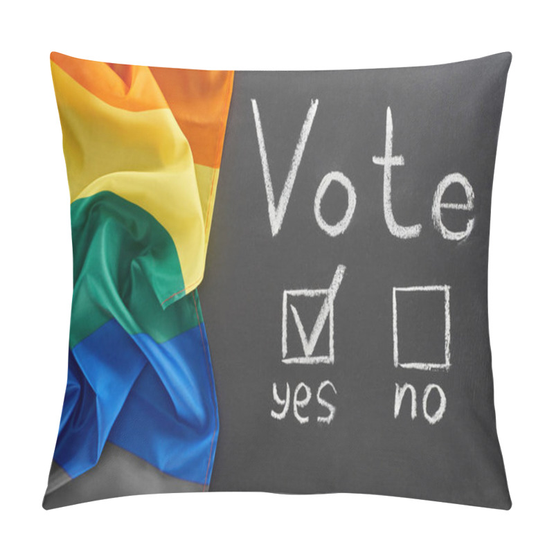 Personality  Top View Of Vote Lettering And Check Mark Near Yes Word On Black Chalkboard Near Lgbt Flag Pillow Covers