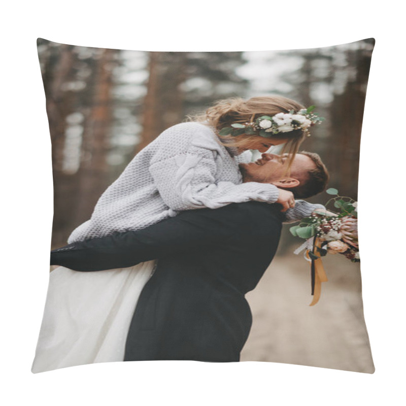 Personality  Newlyweds Have A Fun And Embrace At Forest Path In A Coniferous Forest Among Pine Trees. Closeup. Pillow Covers