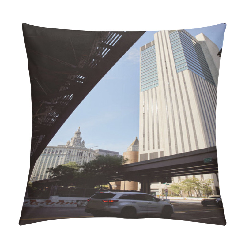 Personality  Scenic View Of Skyscraper Near Car Moving On Roadway Under Bridge In New York City, Urban Atmosphere Pillow Covers