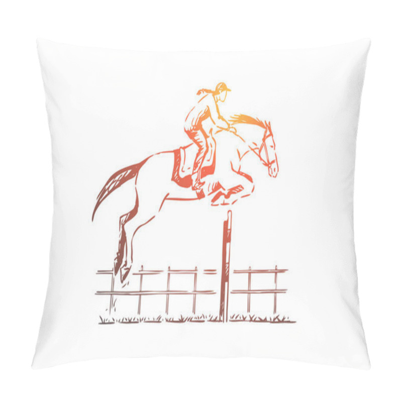 Personality  Professional Jockey On Race Track, Young Woman On Horseback, Obstacles Jumping, Training For Competition Pillow Covers