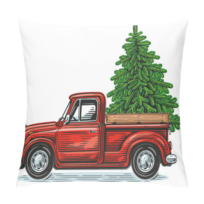 Personality  Christmas Red Retro Pick-up Truck With Green Pine Tree. Happy Holidays, Vector Illustration Pillow Covers