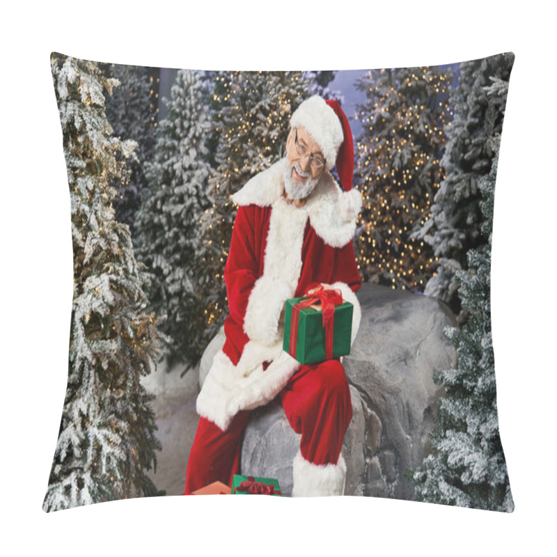 Personality  Santa Claus With A Joyful Expression Sits Among Frosted Trees While Cradling Wrapped Presents. Pillow Covers