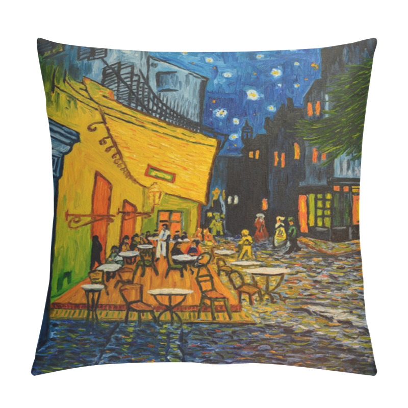 Personality  Painting Oil On Canvas. Free Copy Based On The Famous Painting By Vincent Van Gogh - Cafe Terrace On Forum Square, Arles, 1888. Pillow Covers