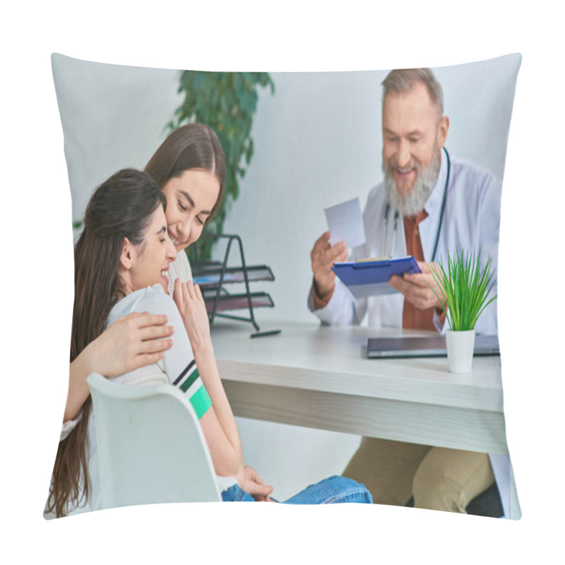 Personality  Happy Lgbt Couple Hugging Warmly And Smiling At Gynecologist Office, In Vitro Fertilization Concept Pillow Covers