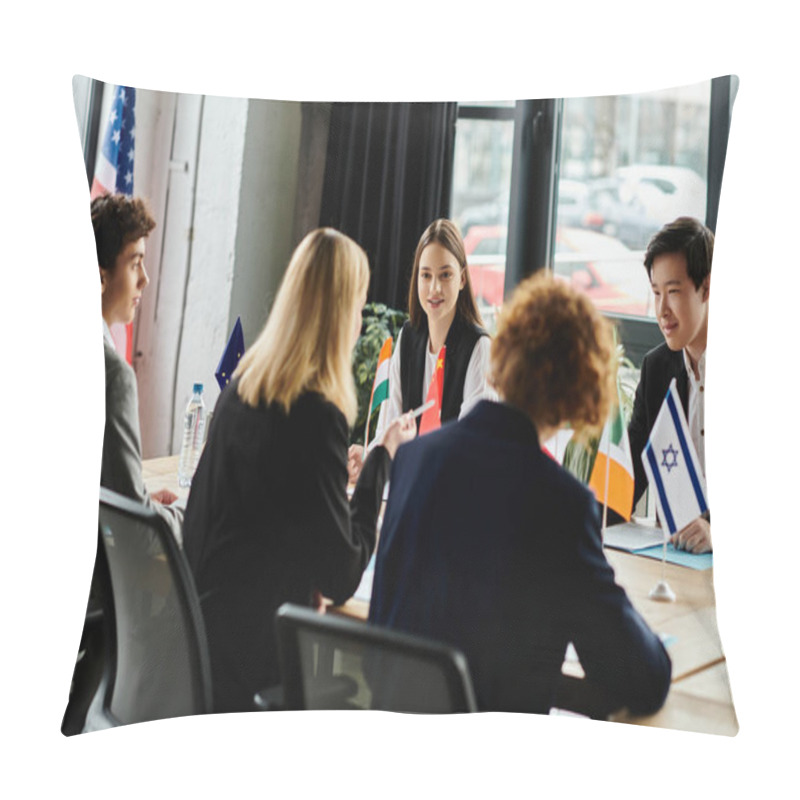 Personality  Teenagers Participate In A Model United Nations Conference, Engaging In Diplomatic Discussions. Pillow Covers