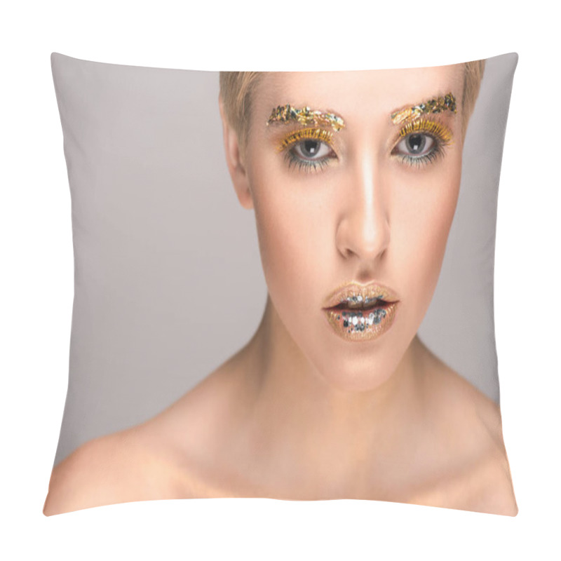 Personality  Attractive Woman With Golden Glitter On Face Looking At Camera Isolated On Grey Pillow Covers