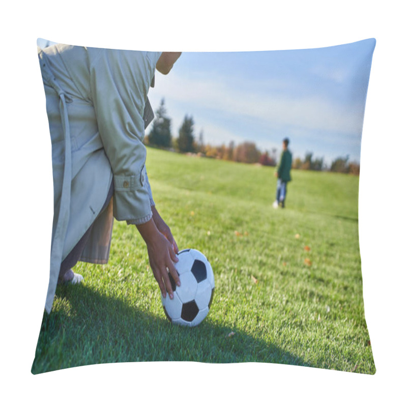 Personality  African American Woman With Soccer Ball, Mother Looking At Son, Blurred Background, Green Field Pillow Covers