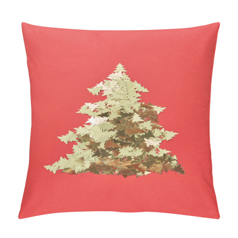 Personality  New Year Decorative Tree Handmade From Shiny Small Spruces On A Red Background, Copy Space. Greeting Holiday Card. Pillow Covers