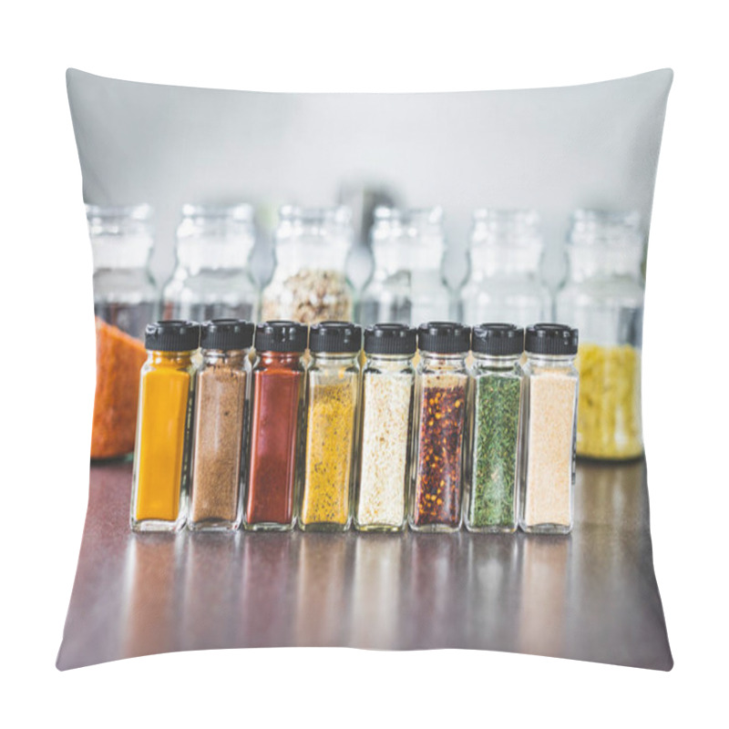 Personality  Spices And Grains In Matching Spice Jars On Kitchen Counter, Simple Vegan Ingredients And Concept Of Flavoring Your Dishes Pillow Covers